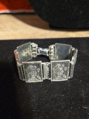 Vintage 1950s Egyptian Revival Aluminum Panel Bracelet 7"